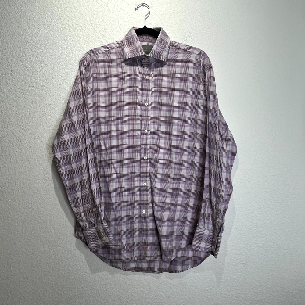 Thomas Dean Shirt Mens Medium Multicolor Houndstooth Plaid Cotton Button Up